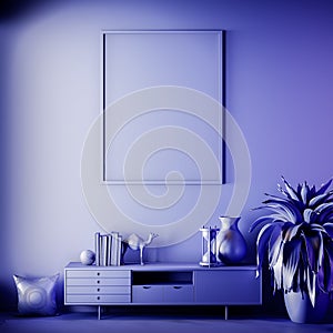 Mock up poster frame in Interior, Blue color, Clay render, 3D illustration