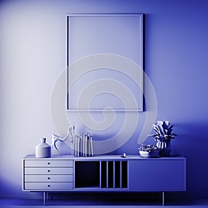 Mock up poster frame in Interior, Blue color, Clay render, 3D illustration