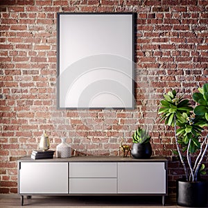 Mock up poster frame in Interior with Brick wall, Loft style, 3D illustration