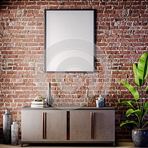 Mock up poster frame in Interior with Brick wall, Loft style, 3D illustration