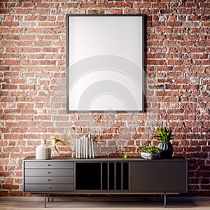 Mock up poster frame in Interior with Brick wall, Loft style, 3D illustration