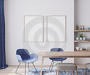 Mock up poster frame, Interior design for dining room with velvet blue chairs,