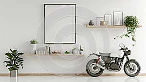 Mock up poster frame Interior of modern scandinavian living room with white walls, concrete floor, black motorcycle. 3d rendering.