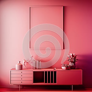 Mock up poster frame in Interior, Red color, Clay render, 3D illustration