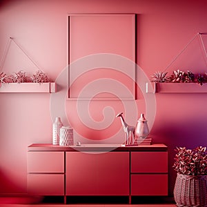 Mock up poster frame in Interior, Red color, Clay render, 3D illustration