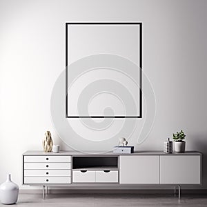 Mock up poster frame in Interior room with white wal, modern style, 3D illustration
