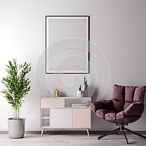 Mock up poster frame in Interior room with white wal, modern style, 3D illustration