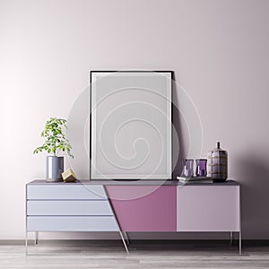 Mock up poster frame in Interior room with white wal, modern style, 3D illustration