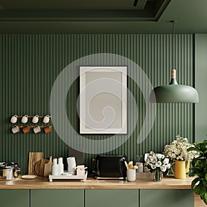 Mock up poster frame in kitchen interior and accessories with dark green wooden slatted wall background