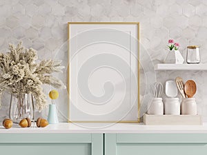 Mock up poster frame in kitchen interior and accessories with hexagon marble wall