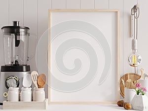 Mock up poster frame in kitchen interior and accessories with white wall