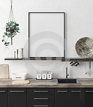 Mock up poster frame in kitchen interior background, Ethnic style