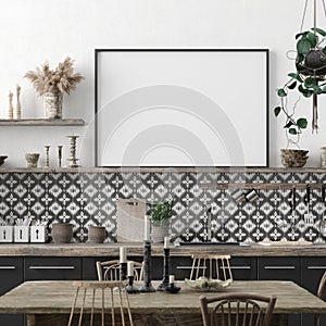 Mock up poster frame in kitchen interior background, Ethnic style