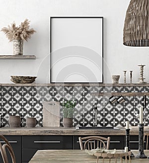 Mock up poster frame in kitchen interior background, Ethnic style