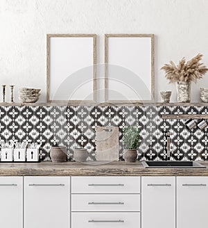 Mock up poster frame in kitchen interior background, Ethnic style