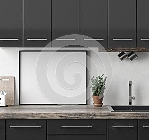 Mock up poster frame in kitchen interior background, Ethnic style