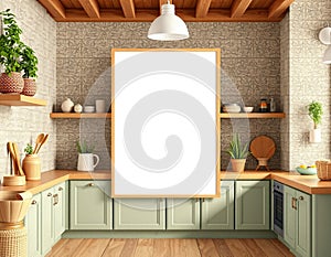 Mock up poster frame in kitchen interior background, Ethnic style, 3d render