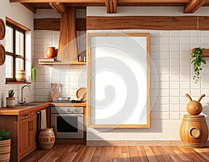 Mock up poster frame in kitchen interior background, Ethnic style, 3d render
