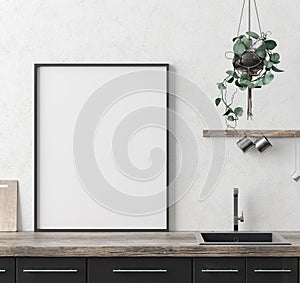 Mock up poster frame in kitchen interior background, Ethnic style