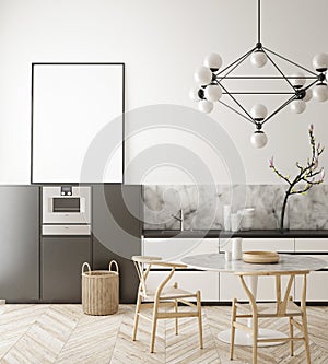 Mock up poster frame in kitchen interior background, Scandinavian style, 3D render