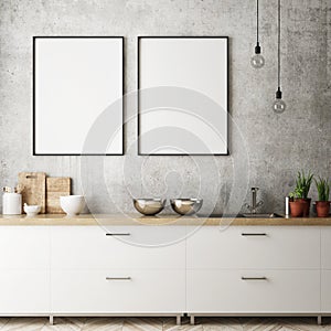 Mock up poster frame in kitchen interior background, Scandinavian style, 3D render