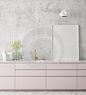 Mock up poster frame in kitchen interior background, Scandinavian style, 3D render