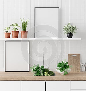 Mock up poster frame in kitchen interior background, Scandinavian style