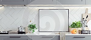 Mock up poster frame in kitchen interior, Scandinavian style, panoramic background