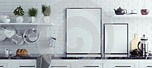 Mock up poster frame in kitchen interior, Scandinavian style, panoramic background