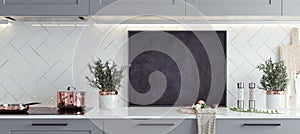 Mock up poster frame in kitchen interior, Scandinavian style, panoramic background