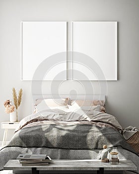 Mock up poster frame in hipster interior background, living room,Scandinavian style, 3D render, 3D illustration