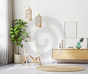 Mock up poster frame in living room interior background with white armchair and wooden furniture, scandi boho style, 3d rendering