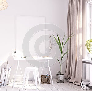 Mock up poster frame in living room, working area, Scandinavian style