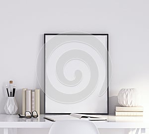 Mock up poster frame in living room, working area, Scandinavian style photo