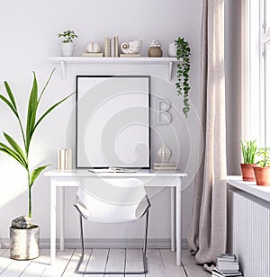 Mock up poster frame in living room, working area, Scandinavian style