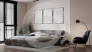 mock up poster frame in modern bedroom interior background, bohemian style, 3D render, 3D illustration