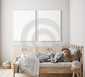 Mock up poster frame in modern bedroom interior background, living room, Scandinavian style, 3D render, 3D illustration