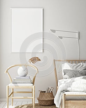 Mock up poster frame in modern bedroom interior background, living room, Scandinavian style, 3D render, 3D illustration