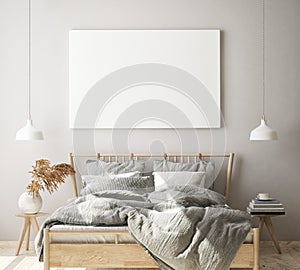 Mock up poster frame in modern bedroom interior background, living room, Scandinavian style, 3D render, 3D illustration