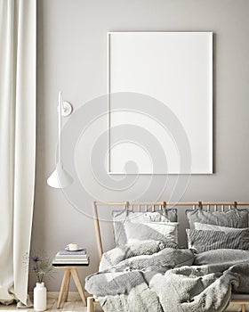 Mock up poster frame in modern bedroom interior background, living room, Scandinavian style, 3D render, 3D illustration