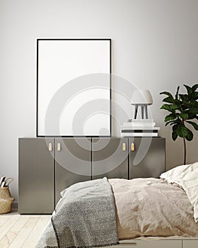 Mock up poster frame in modern bedroom interior background, living room, Scandinavian style, 3D render, 3D illustration