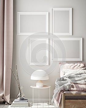 Mock up poster frame in modern bedroom interior background, living room, Scandinavian style, 3D render, 3D illustration