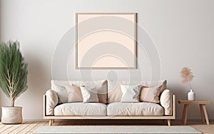 Mock up poster frame in modern beige home interior. Minimalistic natural style. Toned peach colors. AI Generative