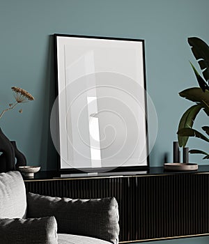mock up poster frame in modern blue light interior background, living room, Scandinavian style, 3D render, 3D illustration