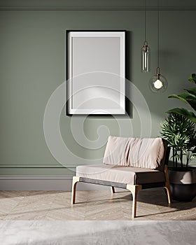 mock up poster frame in modern green interior background, living room, Scandinavian style, 3D render, 3D illustration