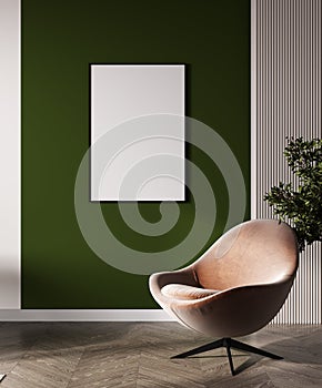 mock up poster frame in modern green interior background, living room, Scandinavian style, 3D render, 3D illustration