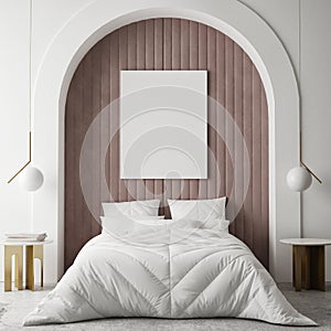 Mock up poster frame in modern interior background bedroom minimalistic style 3D render