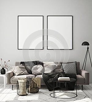 Mock up poster frame in modern interior background, bedroom, Scandinavian style, 3D render