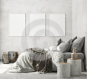 Mock up poster frame in modern interior background, bedroom, Scandinavian style, 3D render