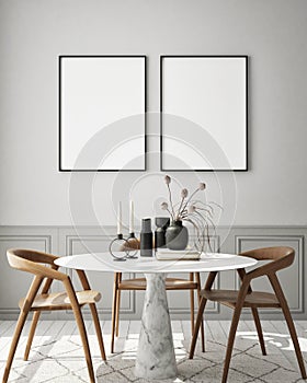 Mock up poster frame in modern interior background, bedroom, Scandinavian style, 3D render